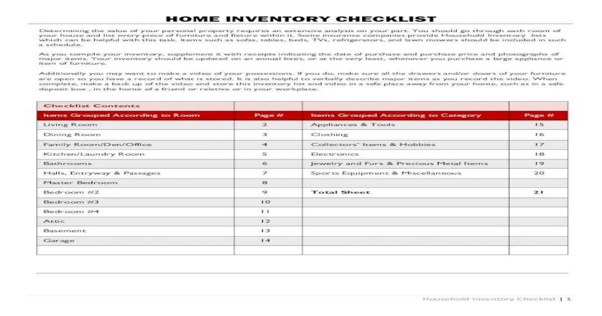 insurance home inventory printable