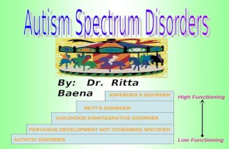 RETTS DISORDER ASPERGERS DISORDER CHILDHOOD DISINTEGRATIVE DISORDER PERVASIVE DEVELOPMENT NOT OTHERWISE SPECIFIED AUTISTIC DISORDER Low Functioning High