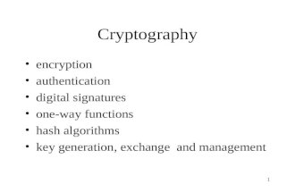 1 Cryptography encryption authentication digital signatures one-way functions hash algorithms key generation, exchange and management