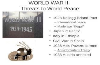 WORLD WAR II: Threats to World Peace 1928 Kellogg-Briand Pact &acirc;&euro;&ldquo;International peace &acirc;&euro;&ldquo;Made war illegal Japan i/t Pacific Italy in Ethiopia Civil War in Spain