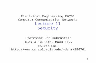 1 Electrical Engineering E6761 Computer Communication Networks Lecture 11 Security Professor Dan Rubenstein Tues 4:10-6:40, Mudd 1127 Course URL:  danr/EE6761